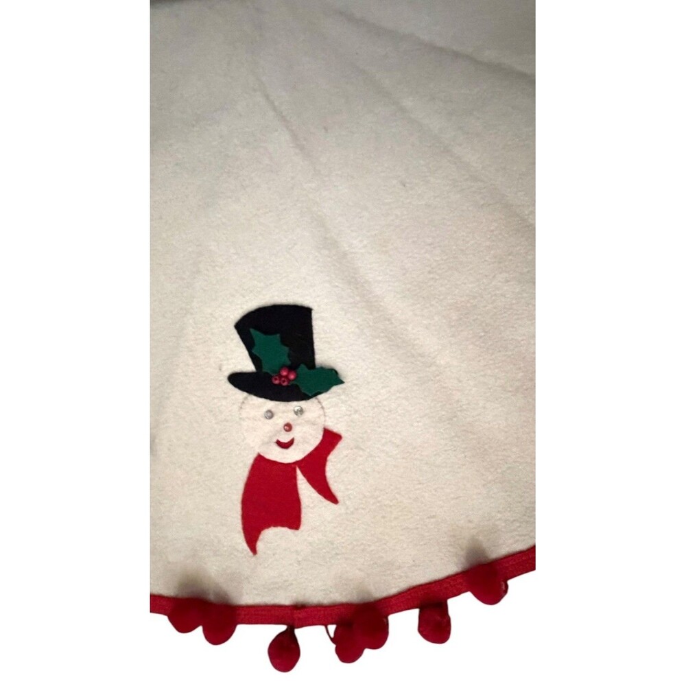 Vintage Felt Sequin Christmas Tree Skirt Small 27” Merry Christmas Pom Poms - Picture 6 of 9